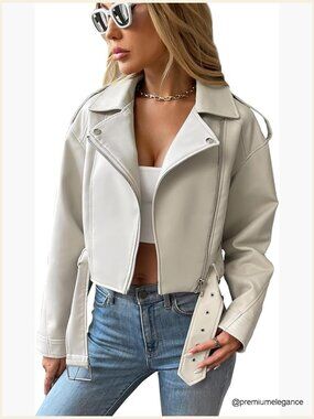 Faux Leather Cropped Jacket with Belt, Vegan Biker Style, Women's Coat